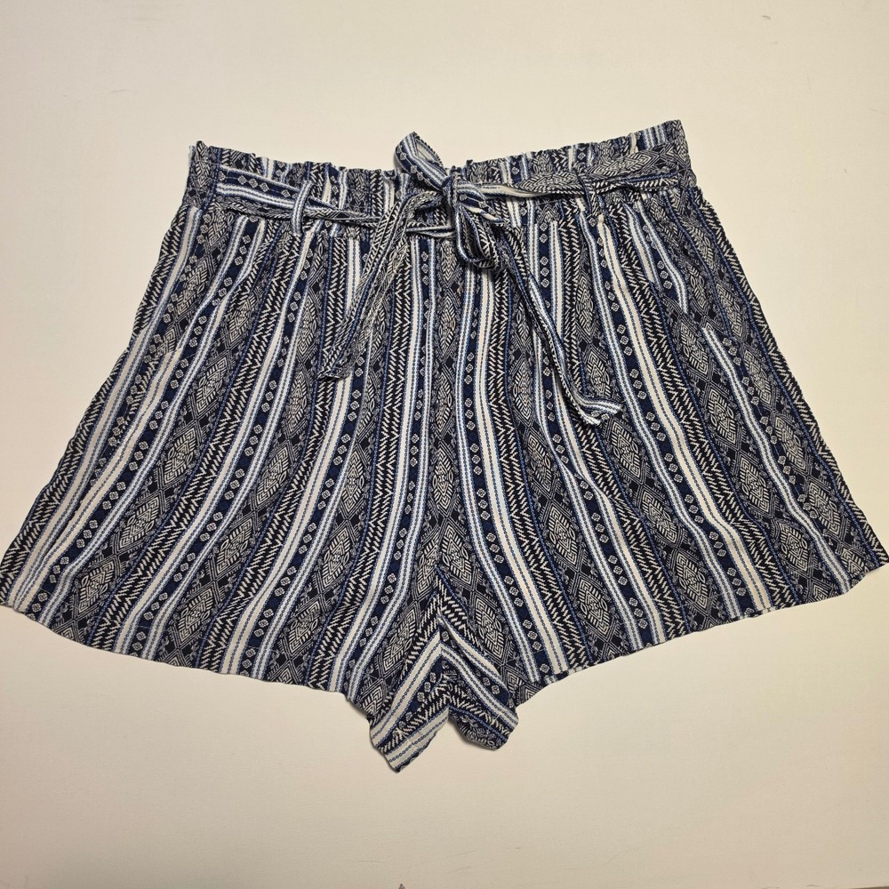 Ivy Tribal Geometric Print Paperbag Waist Shorts Blue White XL